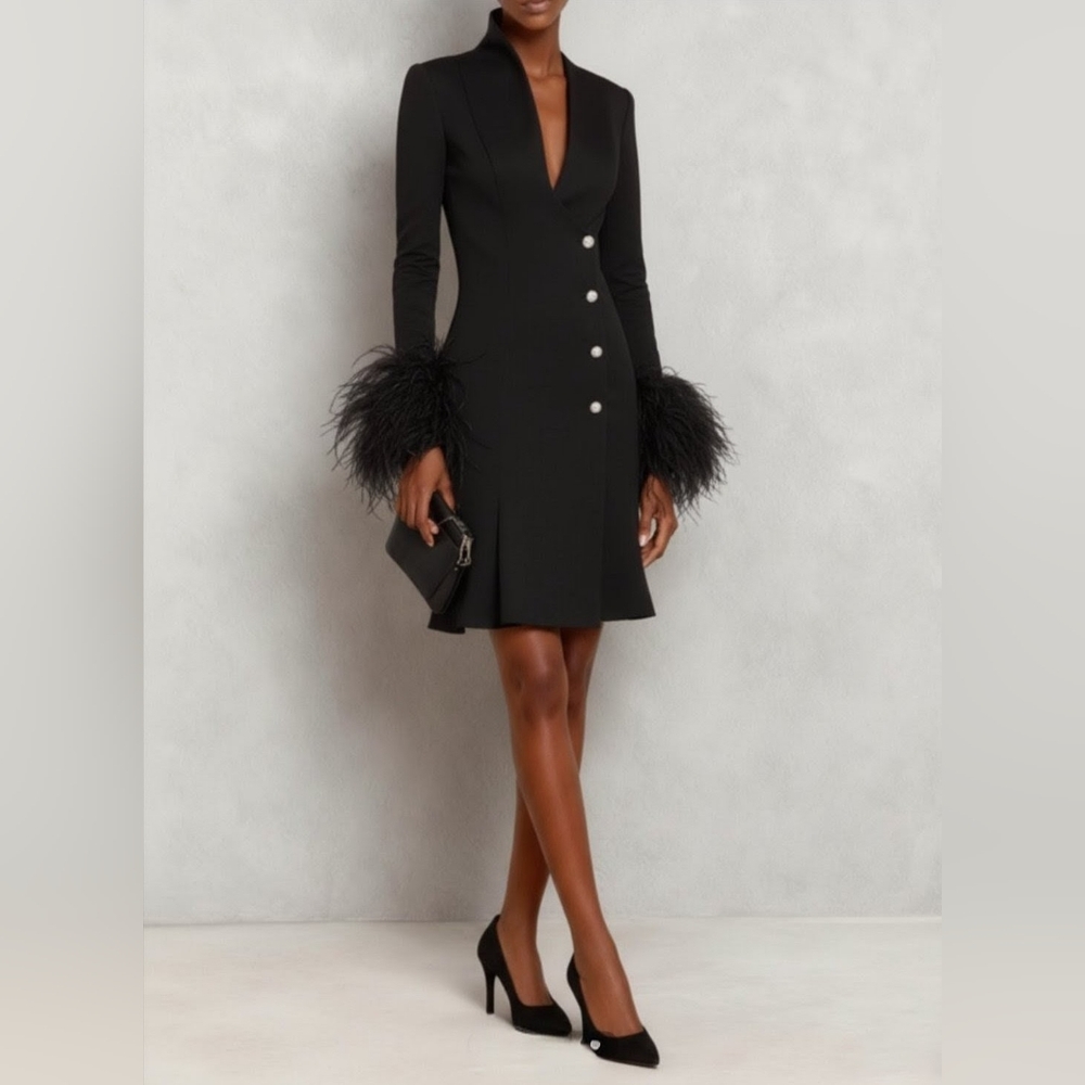 Feather-Cuff Long Sleeve V-Neck Black Dress